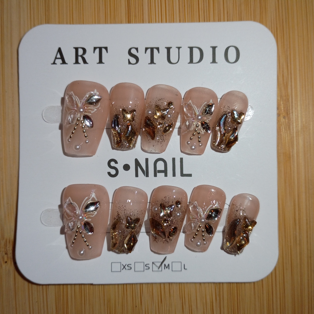 Butterfly 🦋 With Gold Accents Press-On Coffin Nails